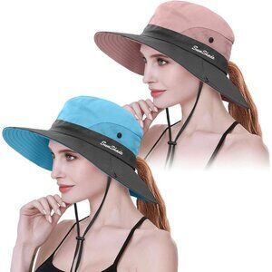 Women's Pink & Blue Set Of 2 Wide Brim Mesh Boonie With Chin Strap Cowboy Hat